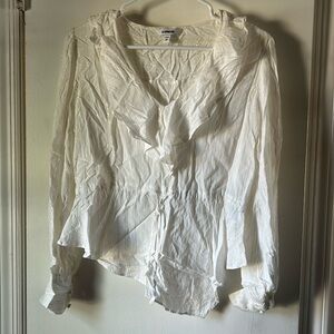 Express asymmetrical white blouse with gold stitching